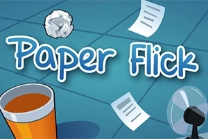 Nápis Paper Flick na modrom pozadí s lietajúcimi papiermi, papierovou guličkou, pohárom a ventilátorom
