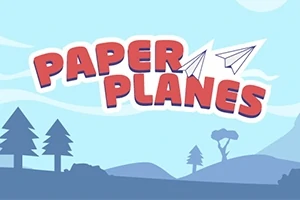 Nápis Paper Planes s obrázkami papierových lietadiel na modrom pozadí s jednoduchou krajinou a stromami