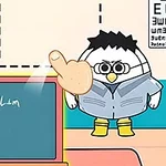 Kreslený obrázok zobrazuje postavičku v šedom plášti a okuliare, stojacu vedľa tabuľky s matematickým vzorcom, adaptovaným štýlom študentov