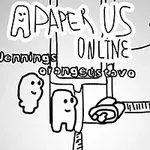 Dva jednoduché kreslené postavičky v čierno-bielom prostredí s nápisom A Paper Us Online v hornej časti