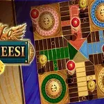 Hracia doska s farebnými úsekmi a nápisom Parcheesi vedľa nej