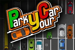 Farebný nápis Park Your Car s autami zaparkovanými na parkovisku viditeľnými zhora