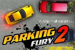 Žlté auto cúva medzi zaparkovanými červeným a modrým autom s nápisom Parking Fury 2