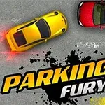 Žlté auto cúva medzi zaparkovanými červeným a modrým autom s nápisom Parking Fury 2