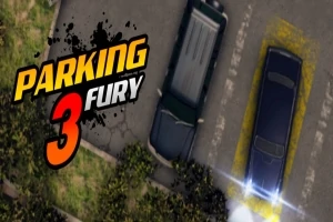 Dve autá na parkovisku, jedno parkuje do žltého vyznačeného miesta, nápis Parking 3 Fury