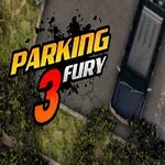 Dve autá na parkovisku, jedno parkuje do žltého vyznačeného miesta, nápis Parking 3 Fury