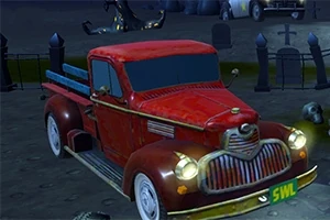 Starý červený pickup zaparkovaný na cintoríne s náhrobnými kameňmi a kostrami