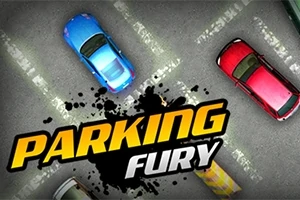 Autá zaparkované na parkovisku zhora s nápisom PARKING FURY