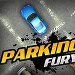 Autá zaparkované na parkovisku zhora s nápisom PARKING FURY