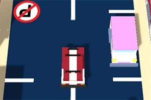 Auto s bielymi pruhmi na parkovisku vedľa ružového auta a zákazom otočky