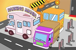 Karikatúrny obrázok troch farebných áut parkujúcich medzi zábranami na ceste s nápisom Parking Mania
