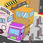Karikatúrny obrázok troch farebných áut parkujúcich medzi zábranami na ceste s nápisom Parking Mania