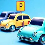 Modré a žlté kreslené autá zaparkované pod značkami s písmenom P