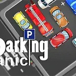 Autá zaparkované v preplnenom parkovisku s nápisom „Parking Panic“