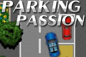 Modrá a červená autá zaparkované na ceste, vedľa je zelený strom a písaný nápis Parking Passion