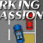 Modrá a červená autá zaparkované na ceste, vedľa je zelený strom a písaný nápis Parking Passion
