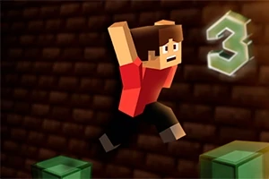 Postava s hranatou hlavou v červenom tričku skáče medzi zelenými blokmi pred číslom 3 na tmavom pozadí