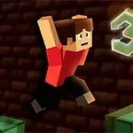 Postava s hranatou hlavou v červenom tričku skáče medzi zelenými blokmi pred číslom 3 na tmavom pozadí