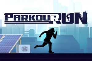 Silueta bežiacej postavy pred mestskou panorámou s nápisom PARKOUR RUN