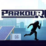 Silueta bežiacej postavy pred mestskou panorámou s nápisom PARKOUR RUN