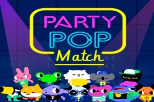 Farebné kreslené postavičky v popredí s jasným nápisom Party Pop Match v neónových farbách na tmavom pozadí