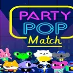 Farebné kreslené postavičky v popredí s jasným nápisom Party Pop Match v neónových farbách na tmavom pozadí