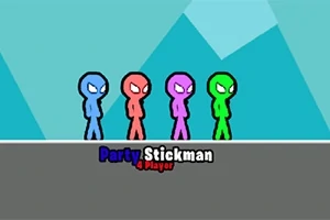 Štyria farební panáčikovia v modrej, červenej, fialovej a zelenej farbe stoja vedľa seba na šedej platforme s textom Party Stickman 4 Player dole