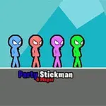 Štyria farební panáčikovia v modrej, červenej, fialovej a zelenej farbe stoja vedľa seba na šedej platforme s textom Party Stickman 4 Player dole