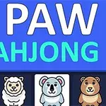 Modro-biela grafika s názvom PAW MAHJONG a kreslenými zvieratkami vrátane tigra, ovce, medvedic a koaly