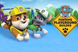 Dve kreslené postavičky psíkov s hravou výbavou na modrom pozadí s nápisom „Paw Patrol Pawsome Playground Builder“ a logom