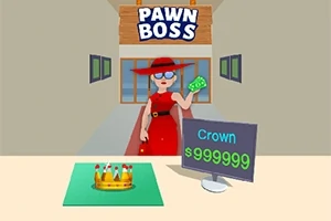 Žena v červených šatách a klobúku s korunou na stole, držiaca peniaze pred obchodom s názvom Pawn Boss