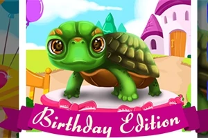 Žiarivo zelená korytnačka s veľkými očami stojí na platforme s nápisom Birthday Edition pred farebným rozprávkovým zámkom