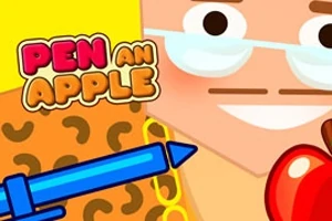 Postavička s okuliarmi a leopardím vzorom drží modré pero a červené jablko, vedľa je nápis Pen an Apple