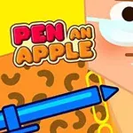 Postavička s okuliarmi a leopardím vzorom drží modré pero a červené jablko, vedľa je nápis Pen an Apple