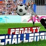 Futbalista kopajúci loptu smerom k brankárovi s nápisom Penalty Challenge v popredí