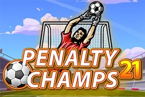 Brankár v červenom drese chytajúci loptu pred bránkou s nápisom Penalty Champs 21