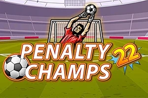 Brankár v červenom drese chytá loptu pred bránkou na futbalovom ihrisku s veľkým nápisom Penalty Champs 22 v popredí