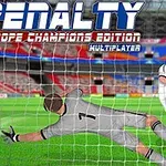 Futbalista v bielom drese kopajúci loptu na brankára v sivom drese počas penaltového rozstrelu na štadióne