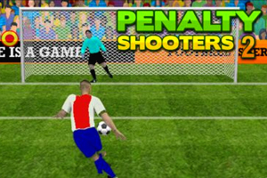 Futbalista v modrých šortkách a červeno-bielom drese sa pripravuje na streľbu na bránu, pred ktorou stojí brankár v zelenom drese, s nápisom Penalty Shooters v pozadí