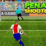 Futbalista v modrých šortkách a červeno-bielom drese sa pripravuje na streľbu na bránu, pred ktorou stojí brankár v zelenom drese, s nápisom Penalty Shooters v pozadí