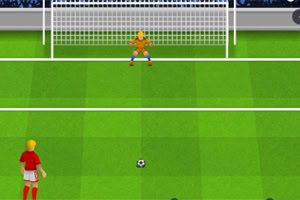 Futbalový hráč v červenom pripravujúci sa k strele na bránu proti brankárovi v oranžovom na zelenej ihriskovej ploche