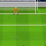 Futbalový hráč v červenom pripravujúci sa k strele na bránu proti brankárovi v oranžovom na zelenej ihriskovej ploche