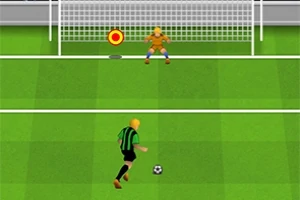 Futbalista v čierno-zelenom drese sa chystá kopnúť loptu, zatiaľ čo brankár v oranžovom drese čaká pred bránkou