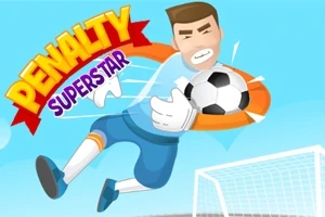 Kreslený brankár v sivom úbore chytajúci futbalovú loptu pred bránkou s nápisom Penalty Superstar