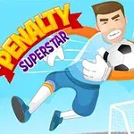 Kreslený brankár v sivom úbore chytajúci futbalovú loptu pred bránkou s nápisom Penalty Superstar