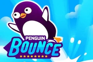 Fialový tučniak so žltým zobákom skáče na modrom pozadí s mrakmi a textom Penguin Bounce