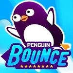 Fialový tučniak so žltým zobákom skáče na modrom pozadí s mrakmi a textom Penguin Bounce
