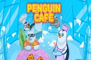 Tučniaky v kaviarni s nápisom „Penguin Cafe“ v iglu s ďalšími zvieratami, pričom jeden tučniak je čašník s podnosom