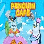 Tučniaky v kaviarni s nápisom „Penguin Cafe“ v iglu s ďalšími zvieratami, pričom jeden tučniak je čašník s podnosom