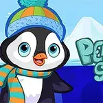 Tučniak nosiaci modrú čiapku a šál stojí pred ľadovcom s textom Penguin Skip